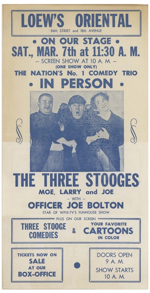 Moe Howard Items With Curly Joe: 5.5'' x 11'' Loew's Oriental Handbill for Three Stooges Show; 5.25'' x 4.75'' Invitation for Chase Club Show; 8'' x 10'' Glossy Photo; About 6 News Clips -- Very Good